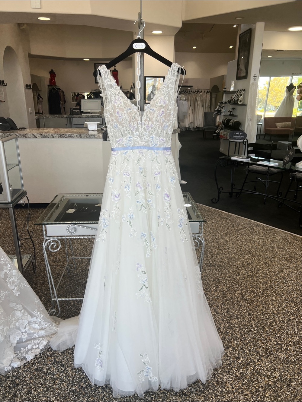 Ivory Lace V-Neck A-Line Dress with periwinkle Accents